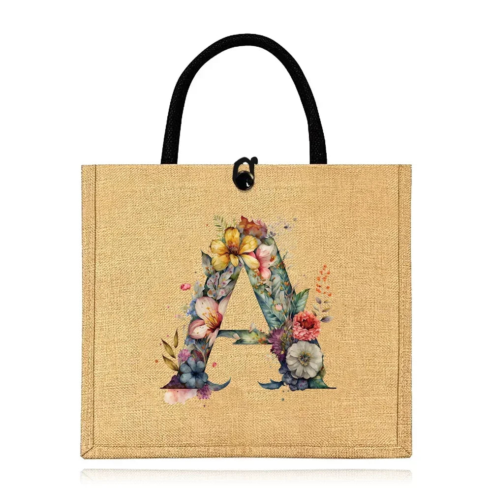 Flax Bag Fastener Handbag Organizer Storage Jute Tote Bags Imitation Cotton Women Valise Portable Floral Letter Printing Series