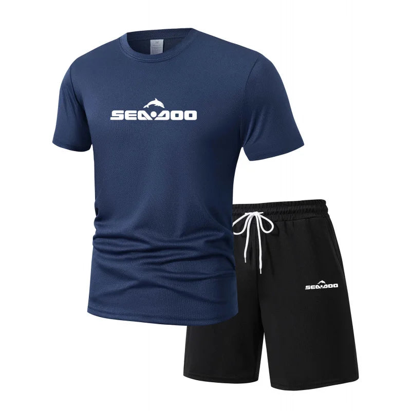 Sea Doo Seadoo Moto Printed Men's Running T-Shirt And Shorts Set Casual Elastic round Neck Sports Suit Quick Dry Comfortable