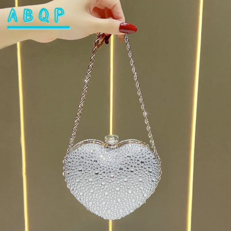Dinner Handbag Luxury Brand Diamond-encrusted Dinner Party Women's Shoulder Bag Heart-shaped Fashion Shining Mini Women's Bag