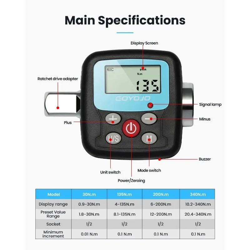 1/2"1/4 Digital Torque Wrench Adapter Precision Electronic  Tool Converter Meter with LCD Display