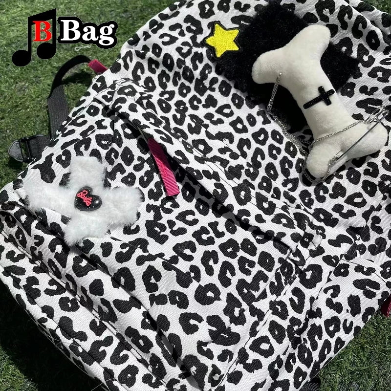Y2K Millennial Spice Girl Schoolbag Large Capacity Commuter Leopard Vintage Versatile Campus Backpack Student woman Harajuku