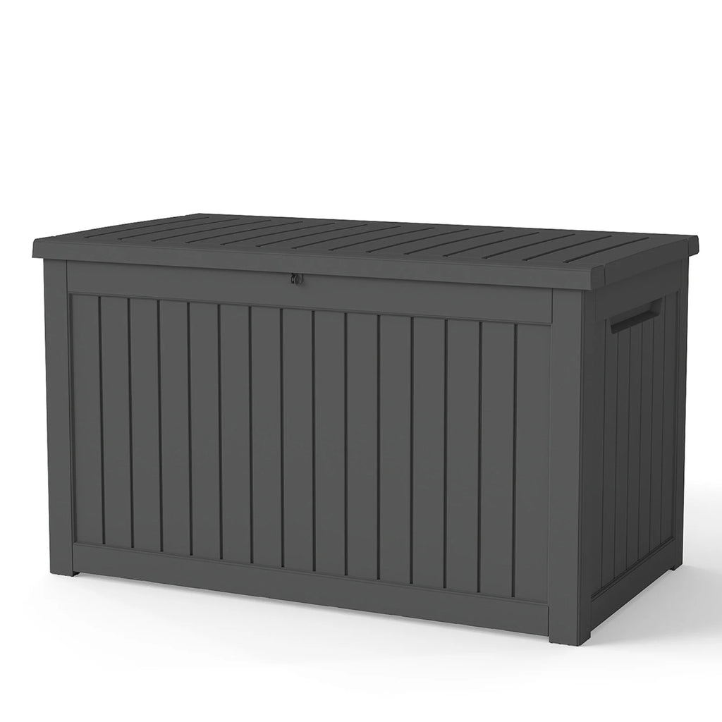 230 Gallon Heavy-Duty Resin Outdoor Storage Box, Wood Grain Patio, Garden & Pool Deck Organizer for Sports Gear, Yard Tools, Throw Pillows | Sturdy Plastic Construction, Multi-Purpose Use, Patio Storage Box, Classic Design, D