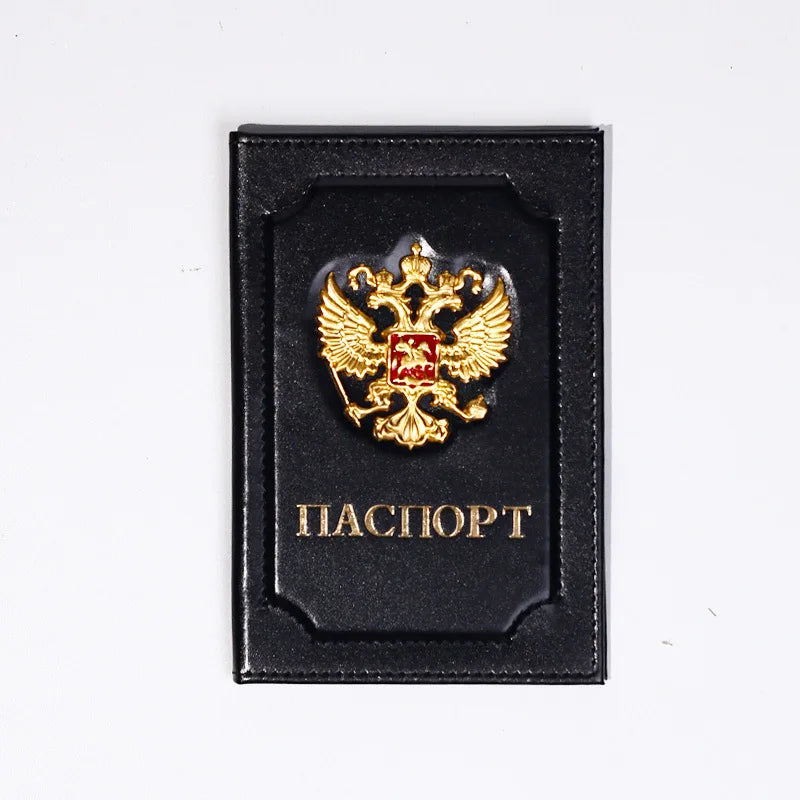 Unisex Russia Passport Holder Travel Organizer PU Leather Ticket Card Case Protective Cover with Gold Russian Badge Embossing