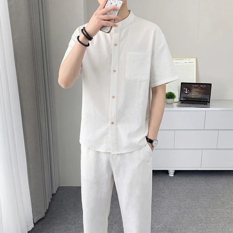 Men's Cotton Linen Blend 2-Piece Set, Stand Collar Short Sleeve Shirt & Pants, Breathable Casual Summer Outfit for Daily Wear