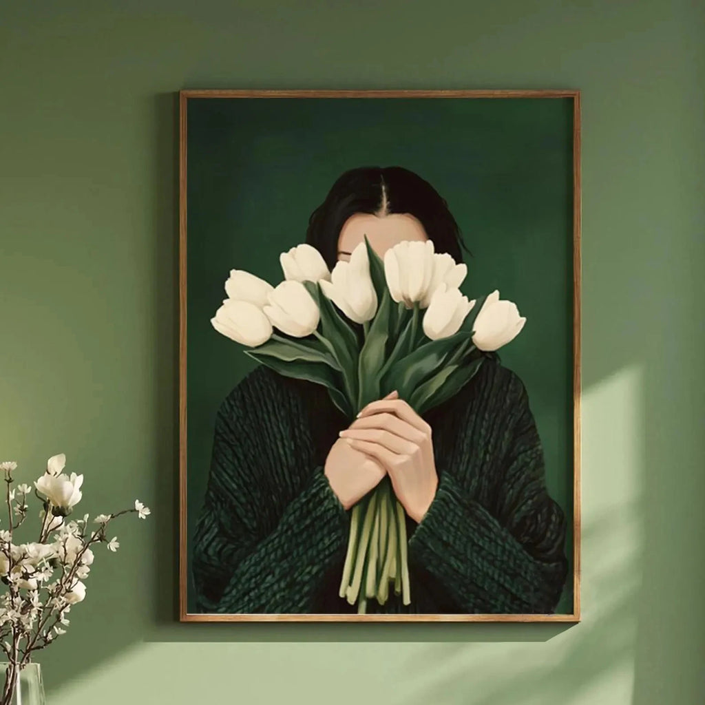 Green Abstract Figures Canvas Print with Flower Woman Minimalist Japandi Female Portrait Art Poster for Modern Living Room Decor