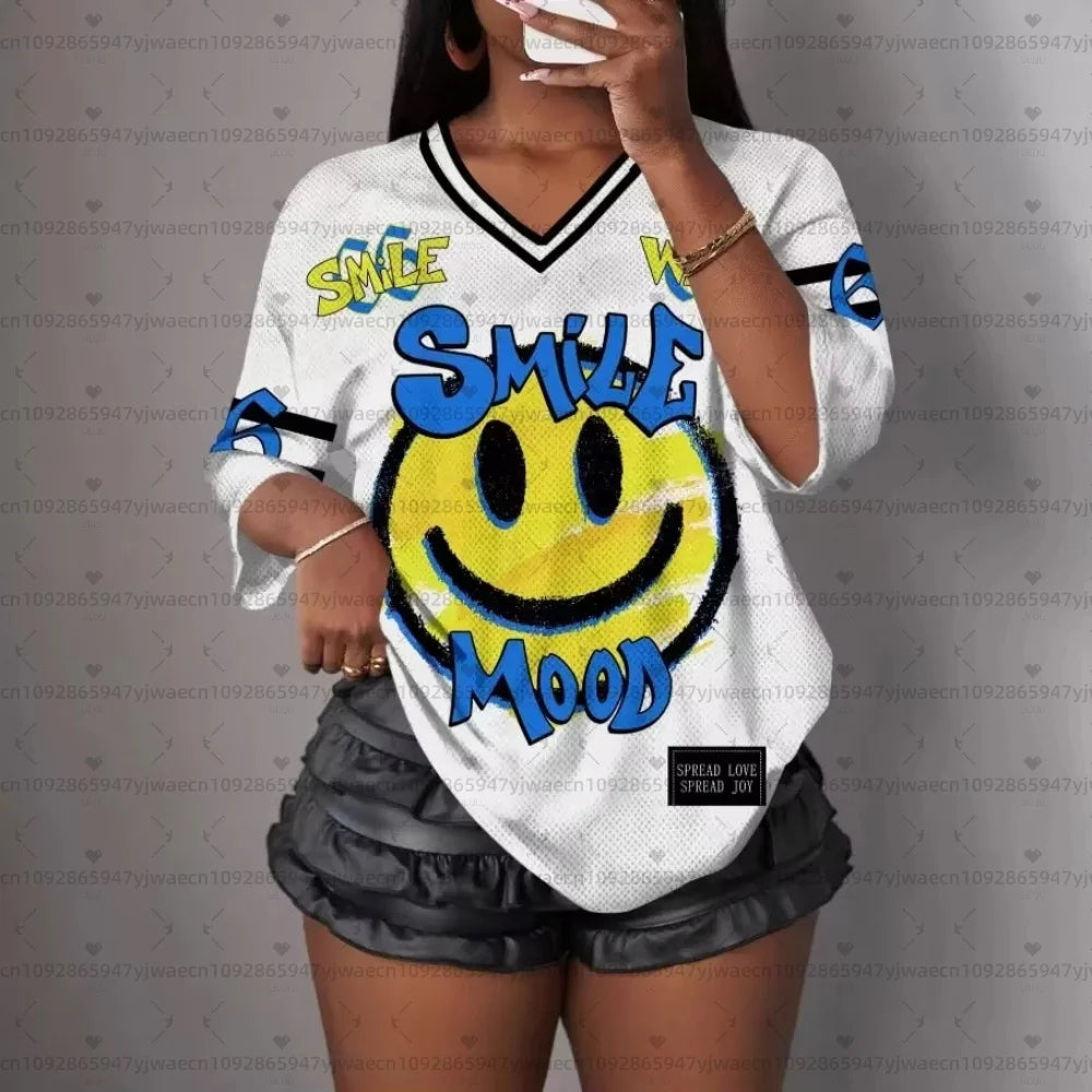 American Style Mesh Short Sleeves Smile Face T-Shirt Men's Women Plus Size Green O-Neck T-Shirt Unisex Tops Pullovers T-Shirt