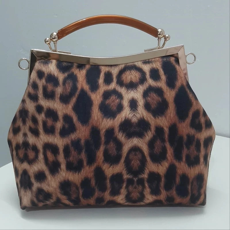 Lost in Vintage Leather Leopard Print Bag Kisslock Bag Purse Shoulder Cross Bags Metal Frame Clutch Detachable Chain 33x23x8cm