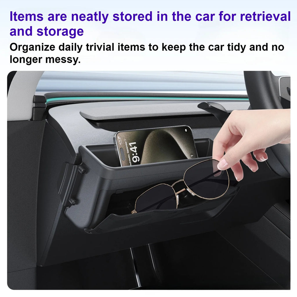 For Tesla Model Y YL Juniper 2025 2026 Driver Side Mini Glove Storage Box Phone Holder Storage Glasses Case Car Auto Accessories