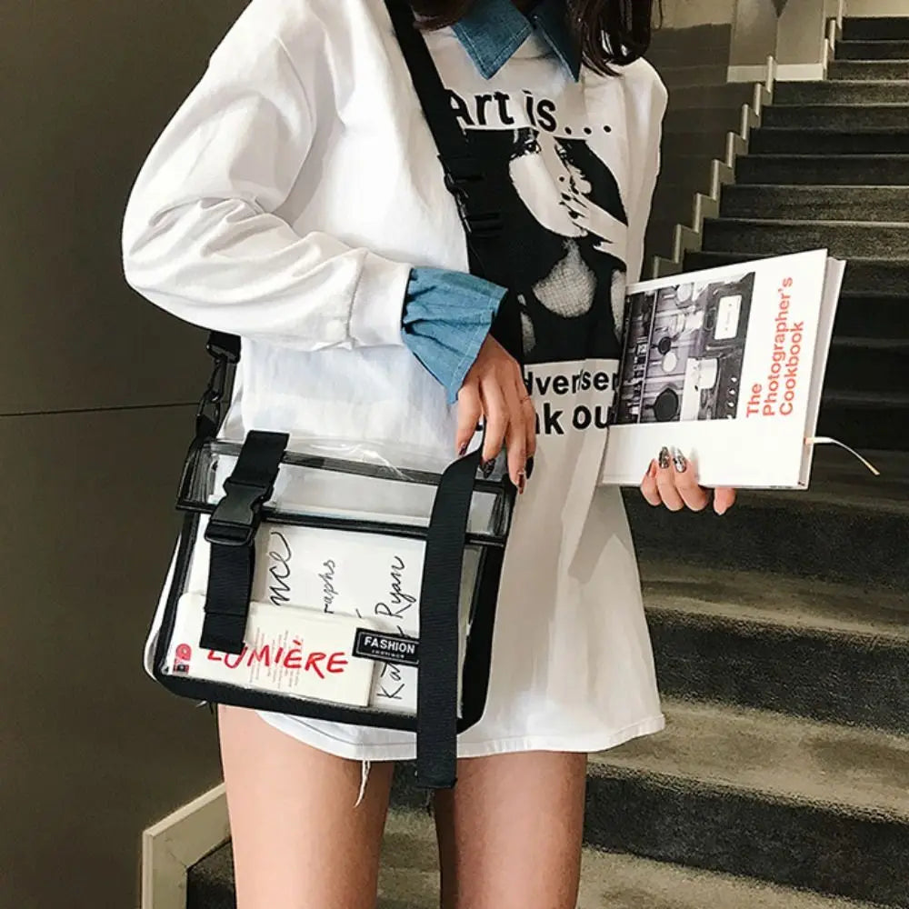 Square PVC Messenger Bag Large Capacity Button Transparent Crossbody Bag with Removable Strap Waterproof Casual Shoulder Bag