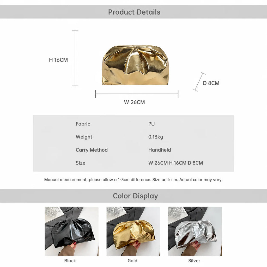 Women's Fashion Cloud Dumpling Bag PU Leather Ruched Handbag Minimalist Shoulder Crossbody Clutch Trendy Portable Underarm Bag