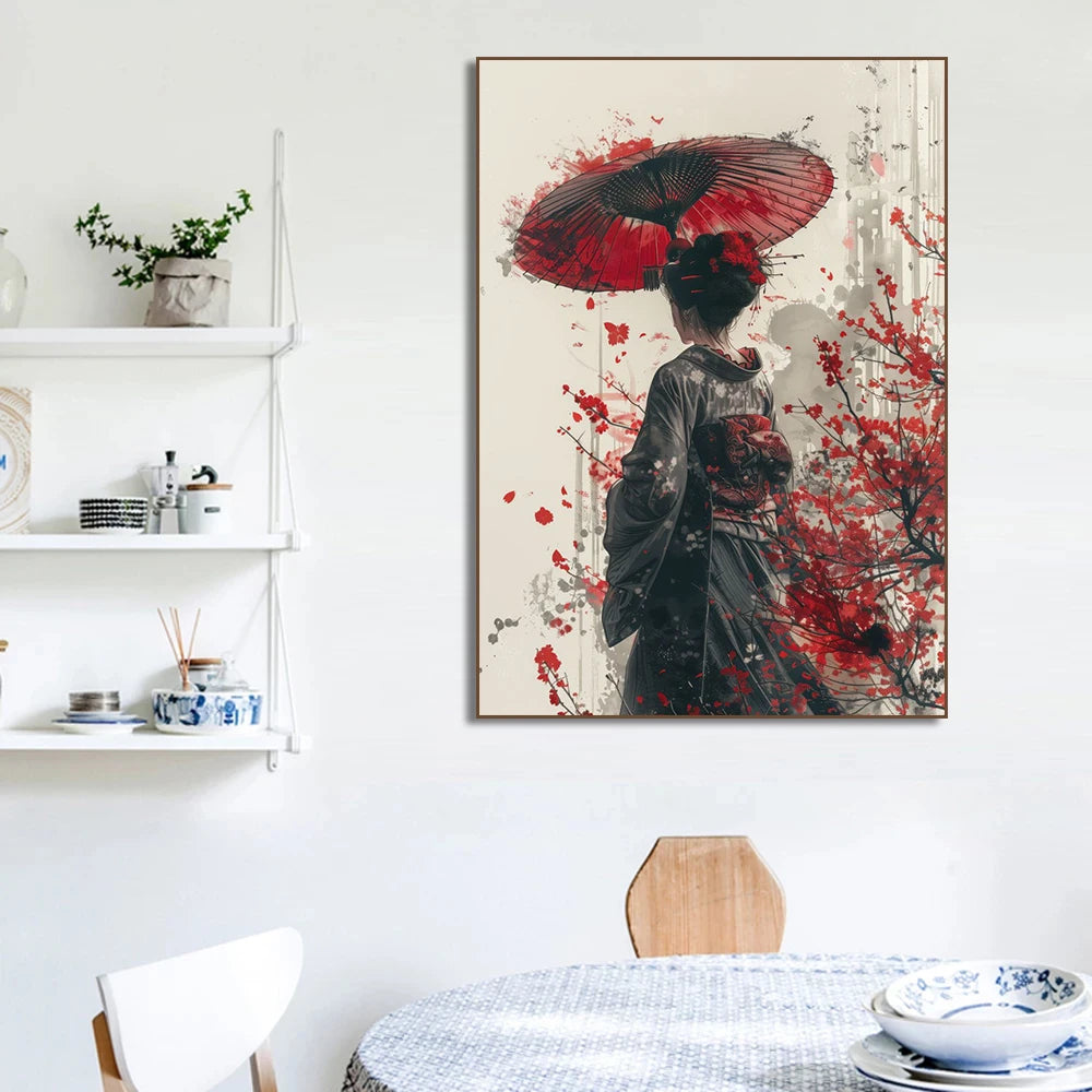 Japanese Samurai Geisha Umbrella Bonsai Sakura Art Poster Landscape Canvas Painting Wall Prints Picture for Room Home Decor