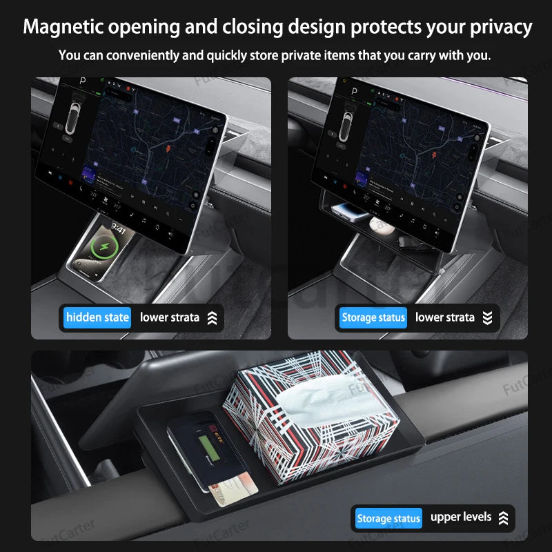 For Tesla Model3 Y Juniper 2025 central control screen Hidden Magnetic opening closing storage box tissue box storage accessorie