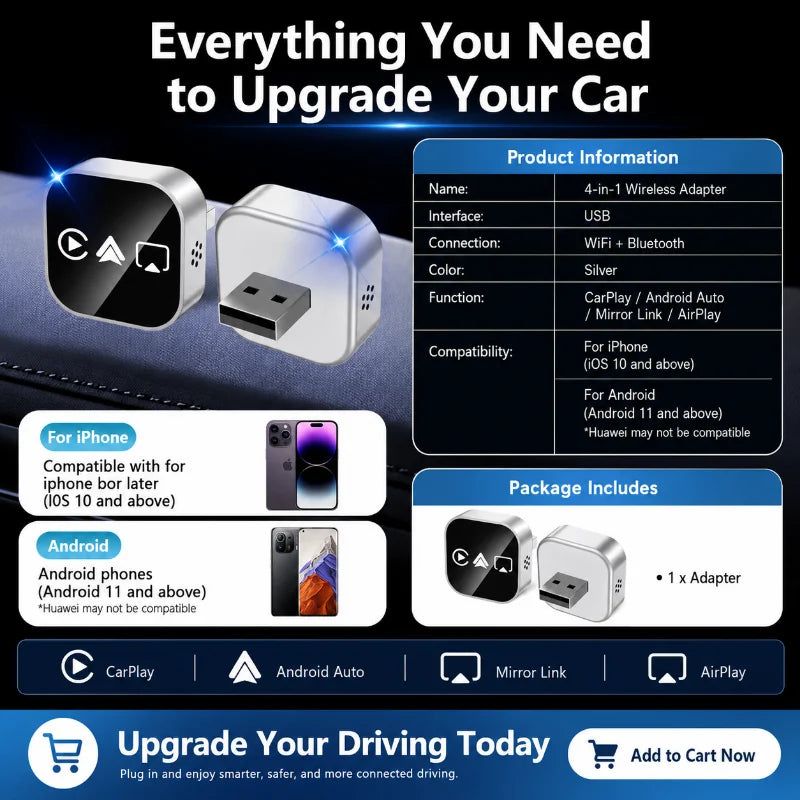 4 Funcs Wireless CarPlay Adapter 2026 Upgrade Mini USB Dongle Support Android Auto AirPlay Mirror Link WiFi Bluetooth Connection