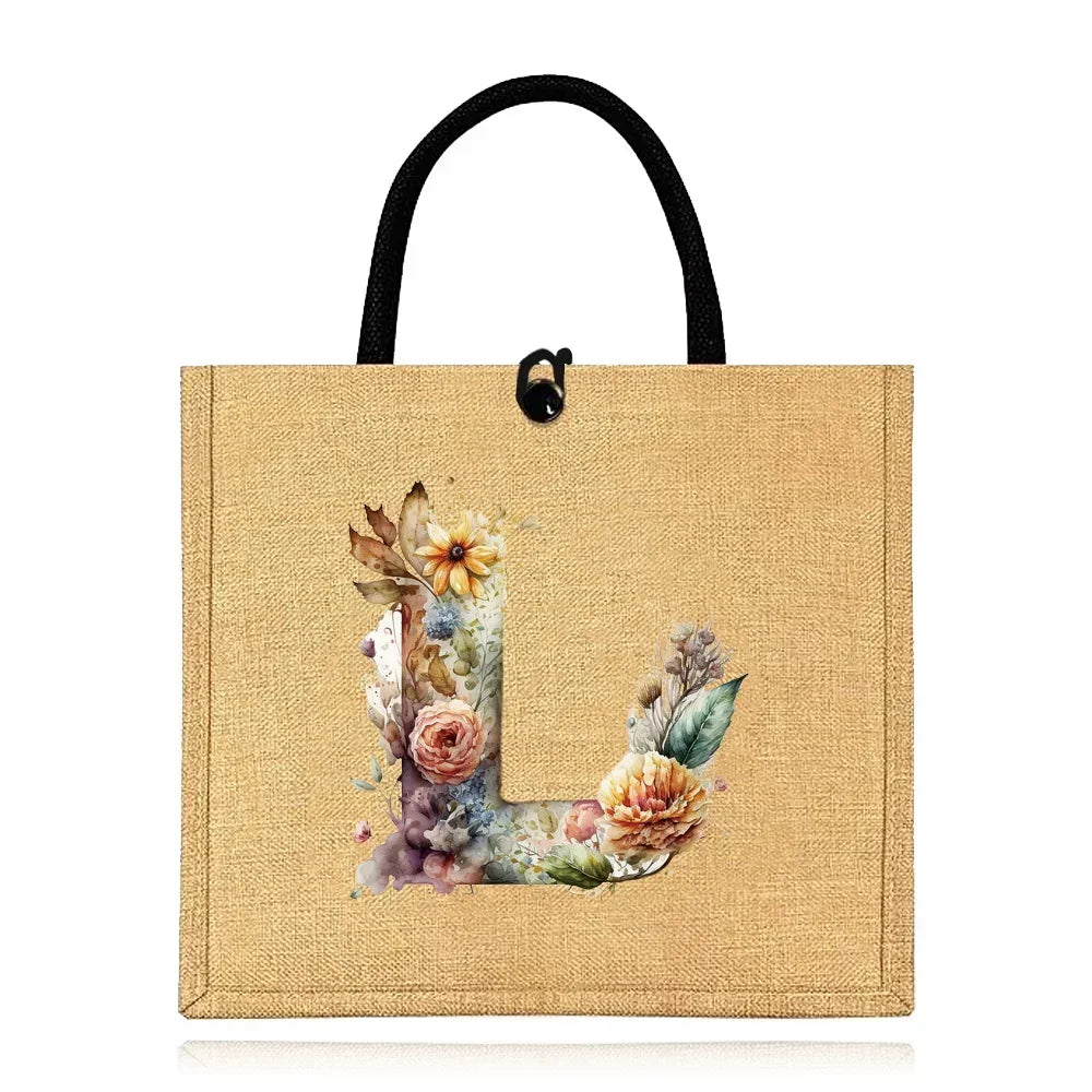 Flax Bag Fastener Handbag Organizer Storage Jute Tote Bags Imitation Cotton Women Valise Portable Floral Letter Printing Series