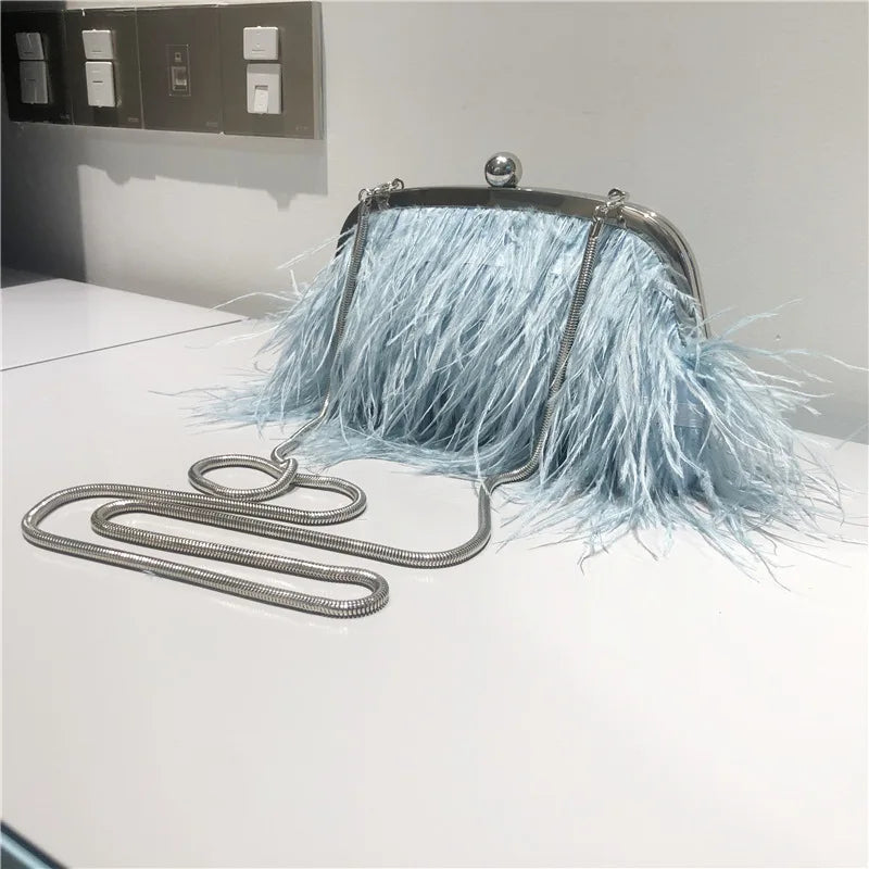 New Ostrich Hair Evening Clip Clutch Bag Fashion Lady Wedding Party Pouch Bag Chain Shoulder Crossbody Ostrich Feather Bag
