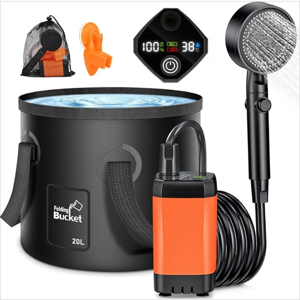 Portable Camping Shower with Rechargeable Pump - 6000mAh Outdoor Shower Kit W/ 20L Foldable Bag for Travel, Garden & Car Wash