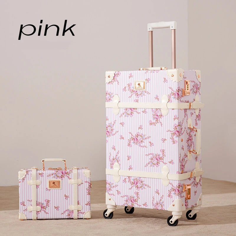 New Vintage Travel Suitcase Women Set Handbag Boarding Trolley Luggage Universal Wheel Fresh Floral Fashion Bag 20/22/24/26 Inch