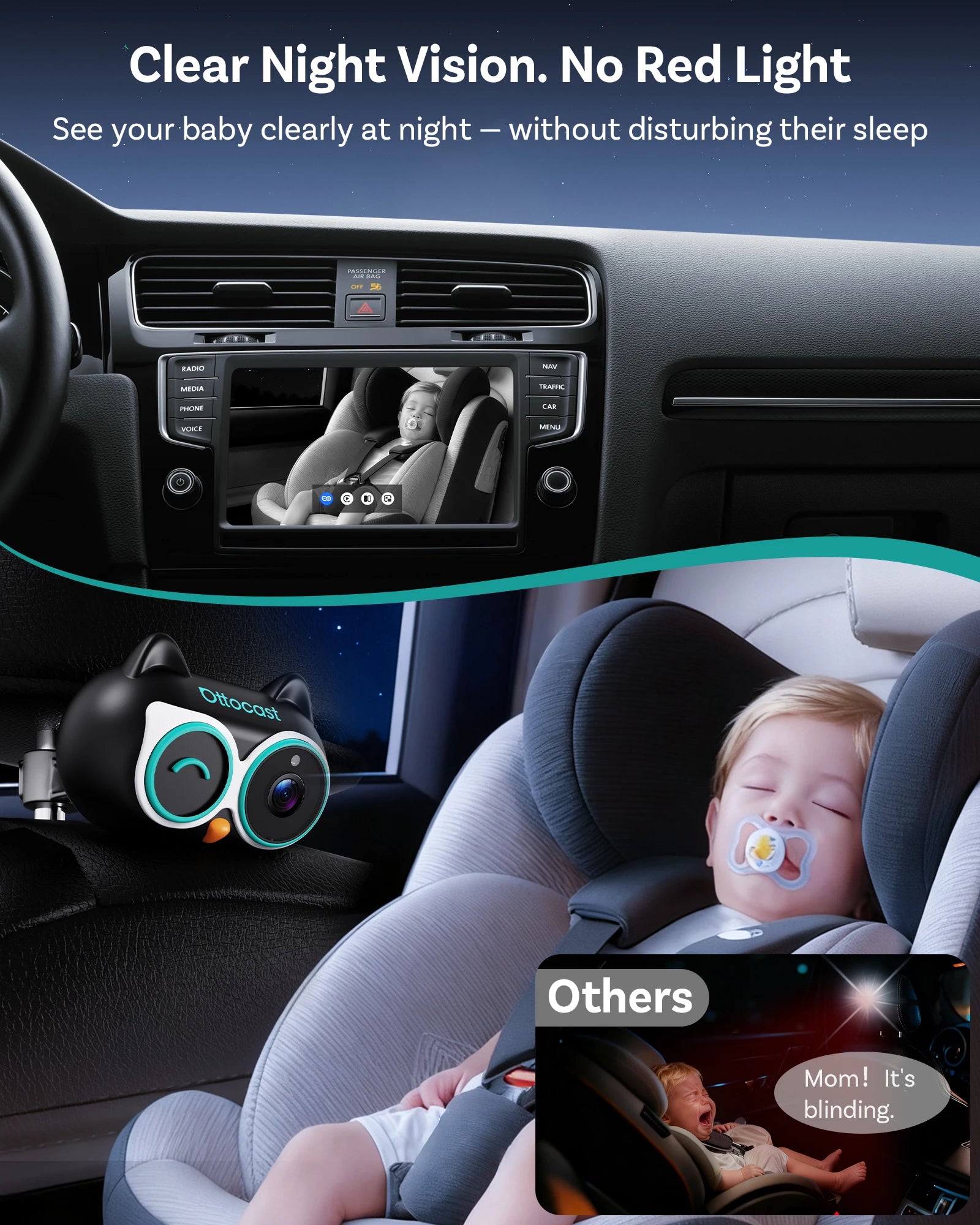 OTTOCAST Cabin Care Wired to Wireless Carplay Adapter Baby Car Camera HD 1080P 150° Wide Angle Night Vision Back‑Seat Monitor