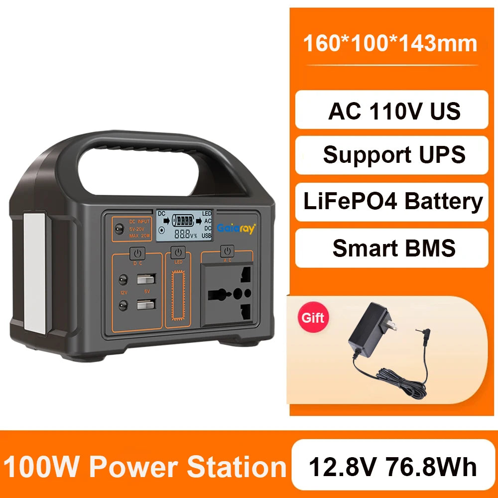 Gaiaray Portable Power Station 100W Solar Generator 76.8Wh LiFePO4 Battery Charging Station AC 220V 110V Power Bank For Camping