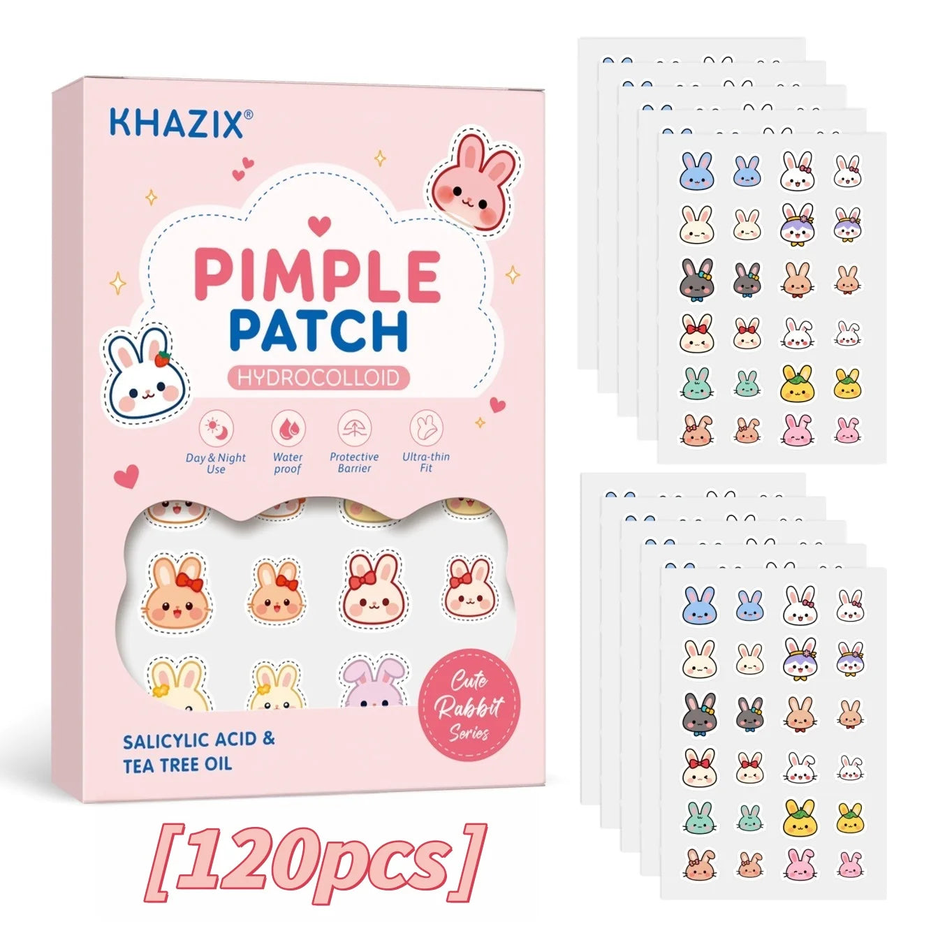 Cute Rabbit Acne Patches, 120 Pieces, Super Sweet for Girls, Hollow Design, Pink Series