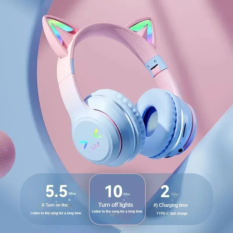 Pink Cat Ears TWS Earphone RGB Smile Face Gradient Headset Cute Gift For Little Girls Compatible With Any Smartphone