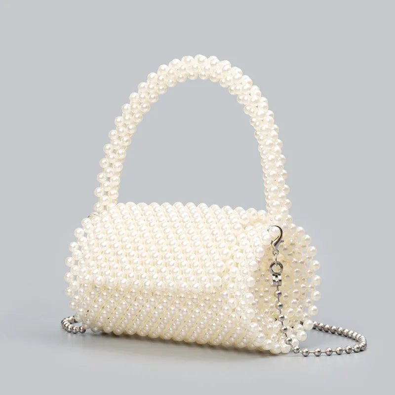 2025 Luxury Handmade Women Cylinder-shaped Beaded Evening Clutch Bag Unique Pearl Wedding Handbag Fashion Designer Crossbody Bag