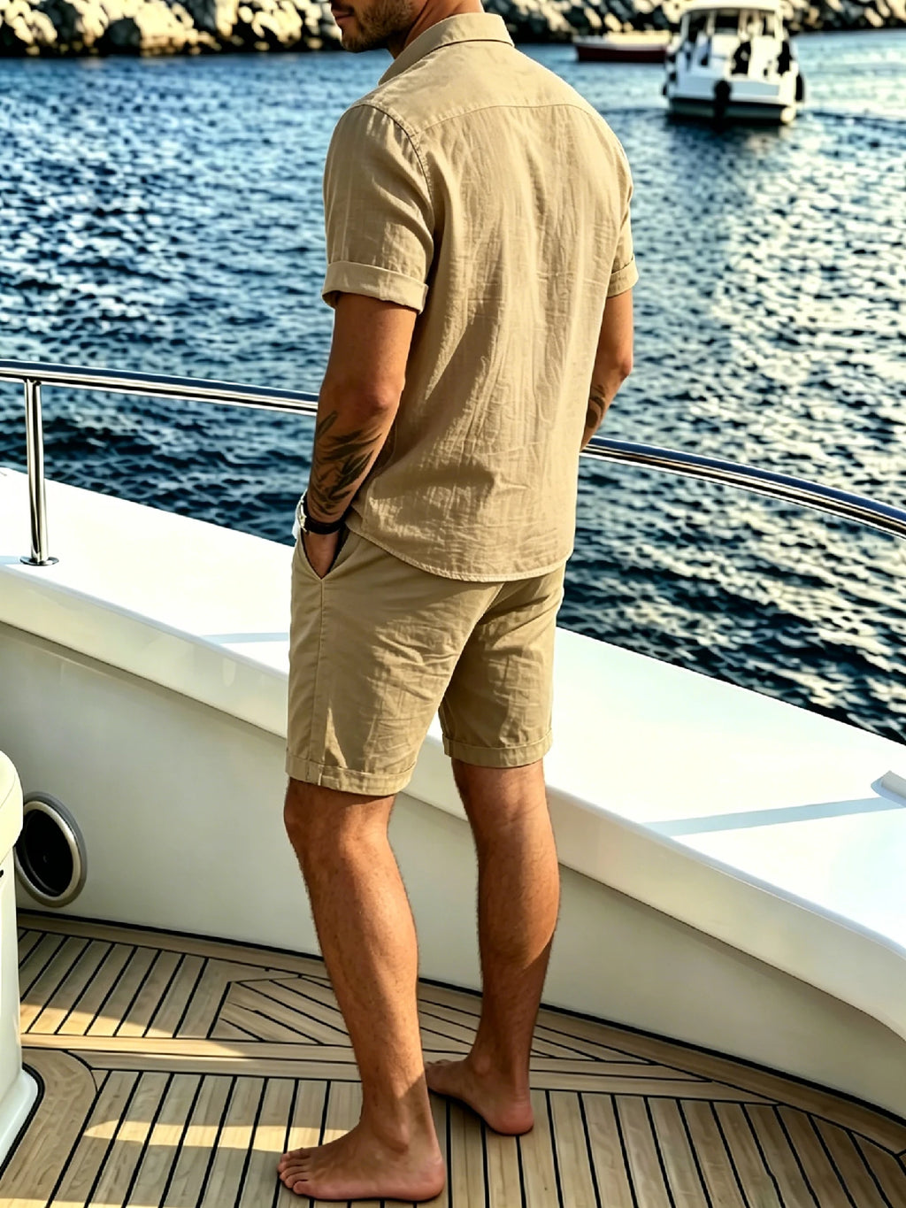 Men's Island Vacation Shirt & Shorts 2 Piece Set, Textured Breathable Fabric, Button Down Shirt & Drawstring Shorts for Yacht Tr