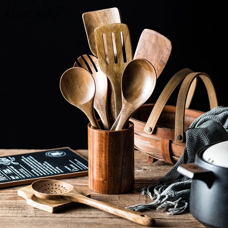 4/7/9PCS Wooden Spoons For Cooking Wooden Utensils For Cooking With Utensils Holder Teak Wooden Kitchen Utensils Set