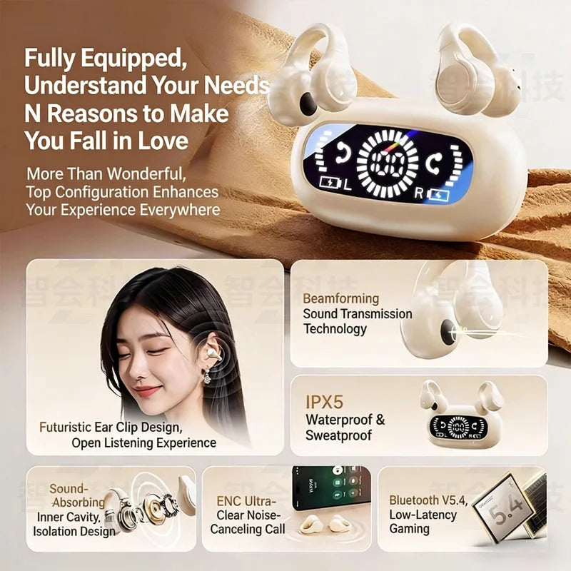 Mirror Digital Display Wireless Bluetooth Headphones Soft Silicone Ear Clip Noise Reduction HiFi Lossless Stereo Sports Earbuds