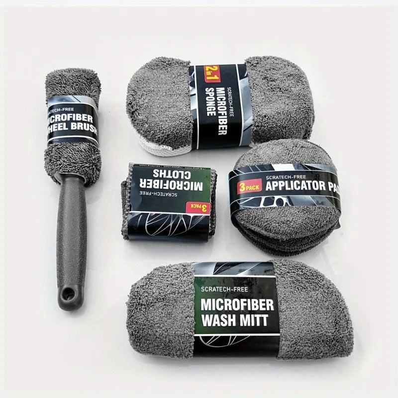 9pcs Ultimate Car Maintenance Kit: Premium Microfiber Towels, Car Wash Gloves, Detail Cloths, Waxing Sponges, and Wheel Brushes