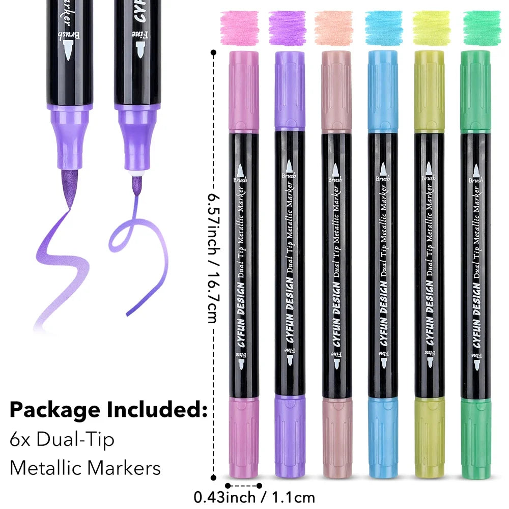 Dual-Tip Metallic Acrylic Markers 2 in1 Fine&Brush Tip Paint Pen for Black Paper,Rock Painting,Glass Craft,Card Making Scrapbook