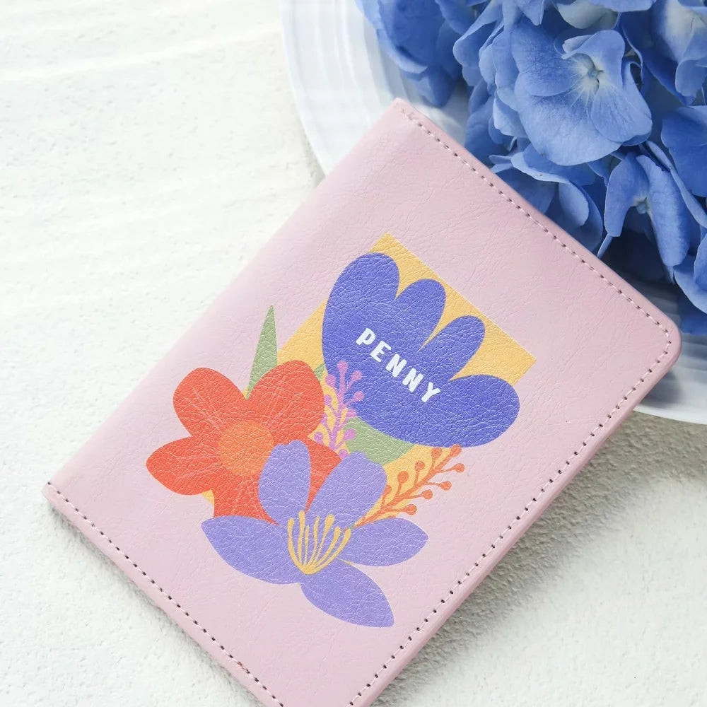 Personalized Floral Print Vegan Leather Passport Cover With Customized Name, Textured Flower Pattern Passport Holder