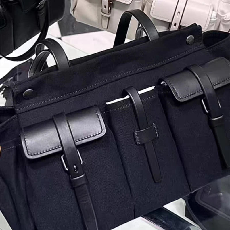 Luxury Canvas Leather Multi-Pocket Tote Bag,Women Zipper Closure Vintage Shoulder Bag,Motorcycle Biker Style Handbag,Lightweight