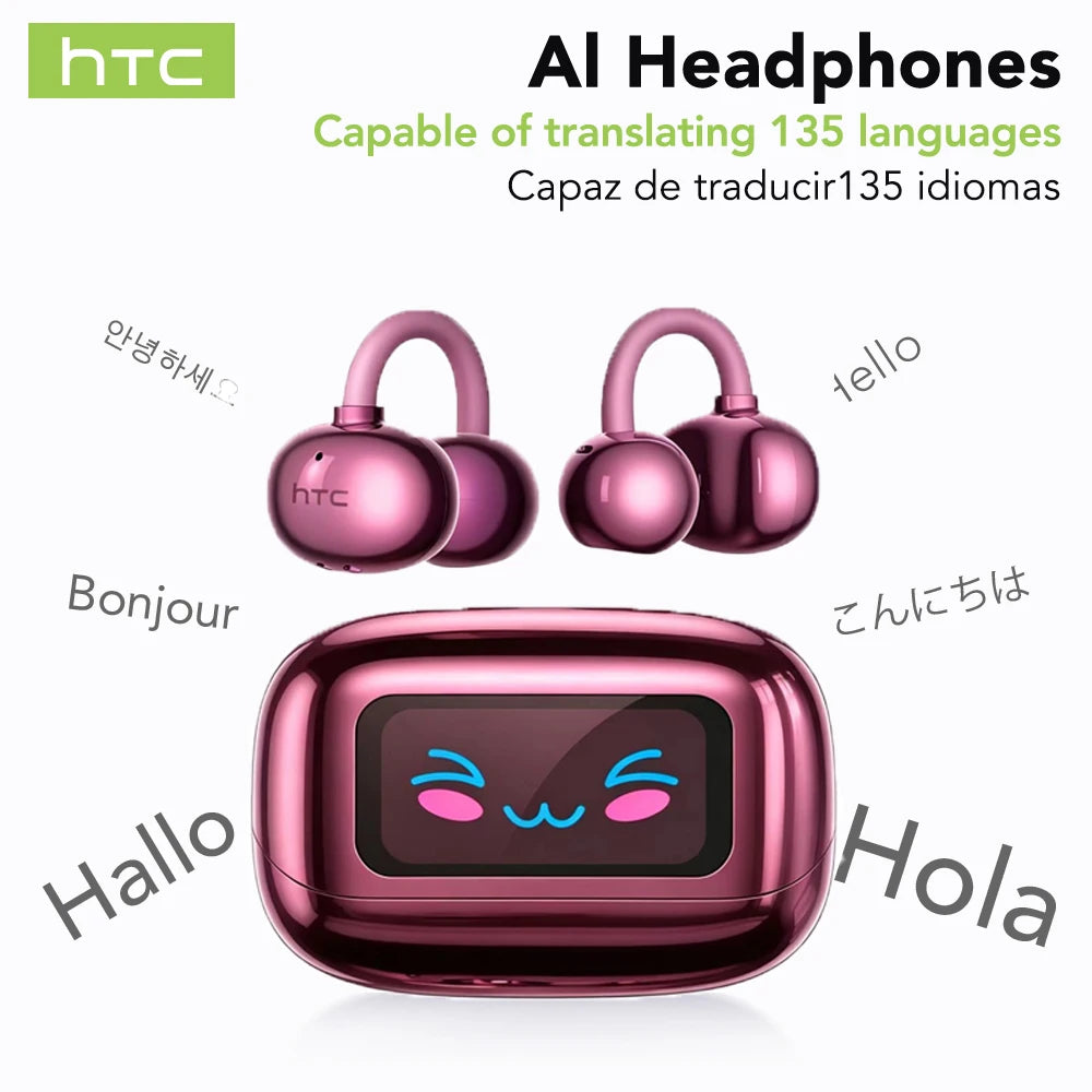 Bluetooth Wireless Headset HTC NE54 AI Translator Earbud Smart Touch Color Screen Earclip IPX5 2026 Language Translator Headphon