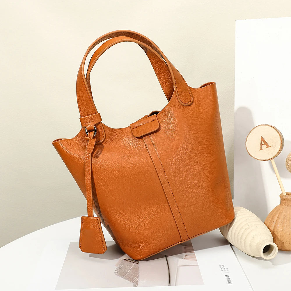 Ladies Full Grain Top Layer Cow Leather 2pcs Bag Set Small Tote Bucket Handbag Detachable Strap Crossbody Bag with Matching Clut