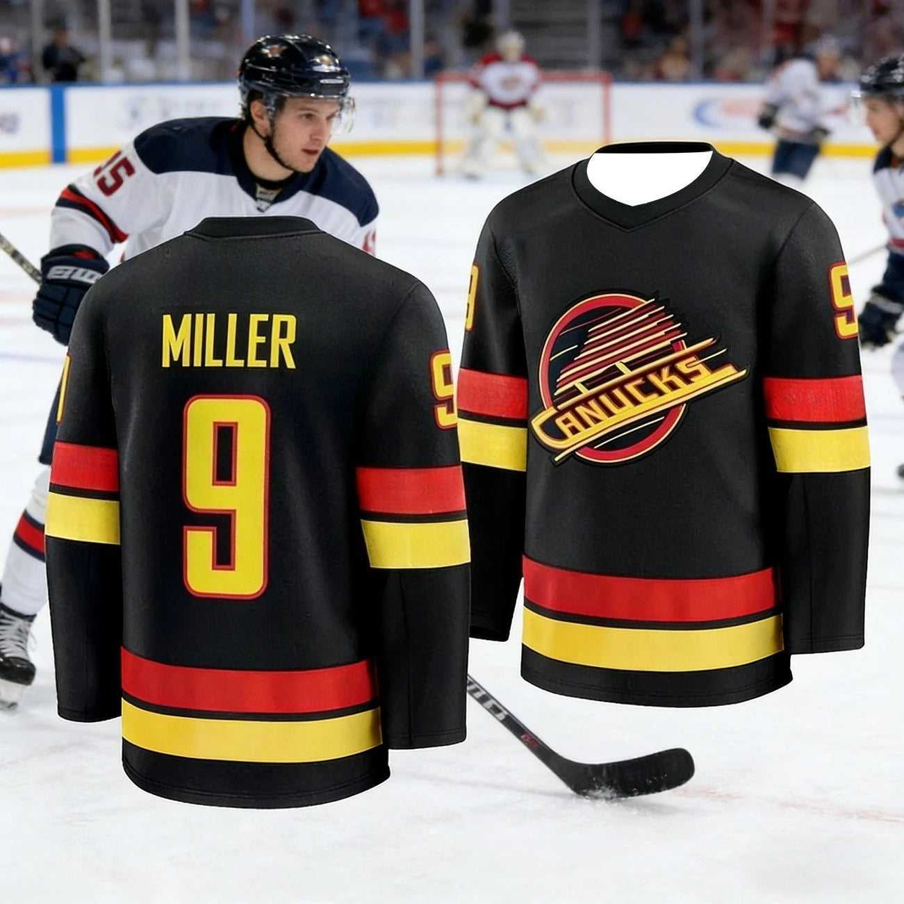Men's Vancouver Canucks Ice Hockey Jersey Black Red Yellow Breathable Hockey Shirt Streetwear Long Sleeve Sports Hockey Uniform