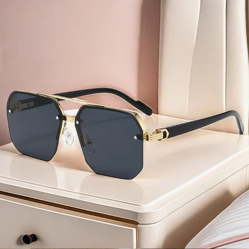 Hiking 3pcs Polygon Half-Frame Anti Light Glasses Fashion Metal Men Large Frame Shades Female Male Gradient Traveling Eyewear
