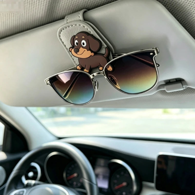 Cute Dachshund Dog Car Sun Visor Sunglasses Holder Multifunctional Ticket Card Clip Lovely Women Car Interior Decor Accessories