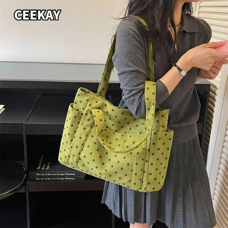 CEEKAY Small Dot Soft Canvas Hobo Bag Rectangular Open Top Multi Compartment Lightweight Ladies Casual Daily Hand Tote Purse