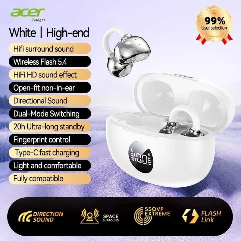 Acer OHR577 Ear Clip Wireless Earbuds Bluetooth 5.4, Directional Sound, 20H Standby, Lightweight 4.2g, LED Display, ENC Call