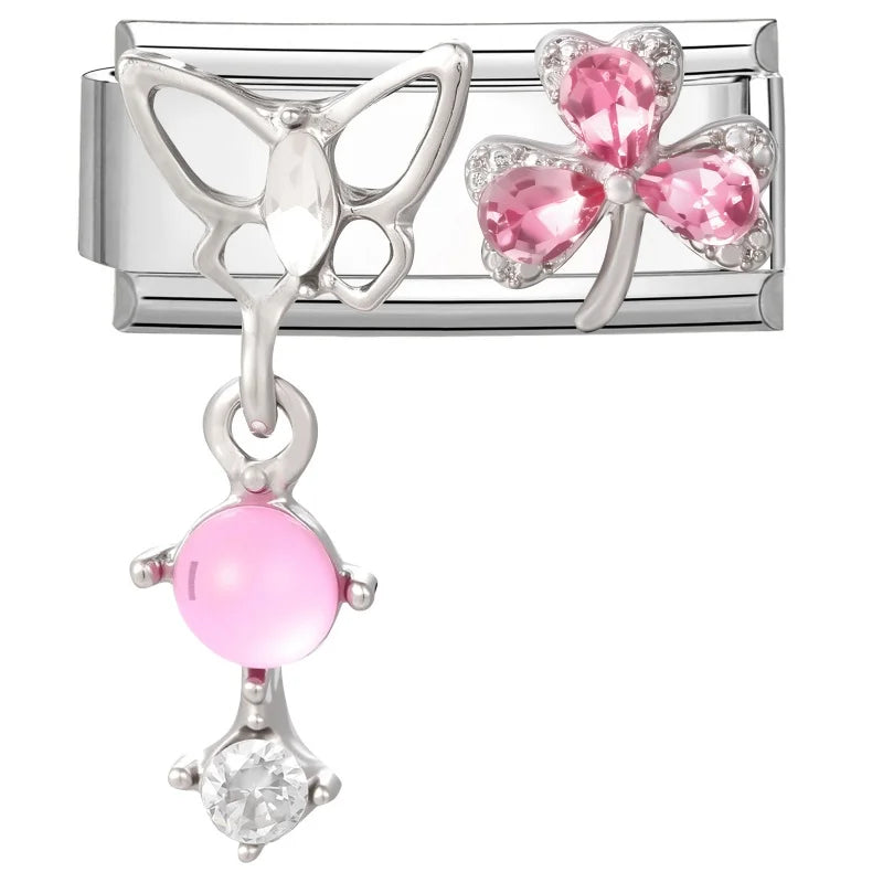 Y2K Zircon Pink Heart Star Butterfly Bow Long Italian Charm Link Fit 9mm Bracelet Stainless Steel Women DIY Making Jewelry Gifts