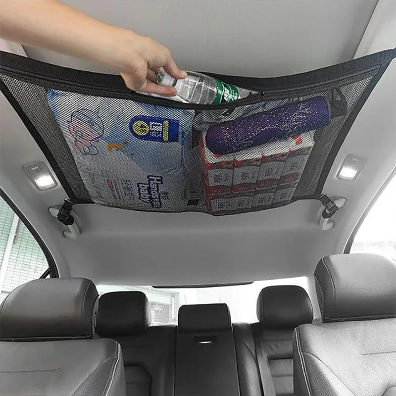 Car Ceiling Storage Net Pocket, Adjustable Roof Mesh Organizer Bag, Universal Auto Interior Roof Cargo Net for Travel Supplies