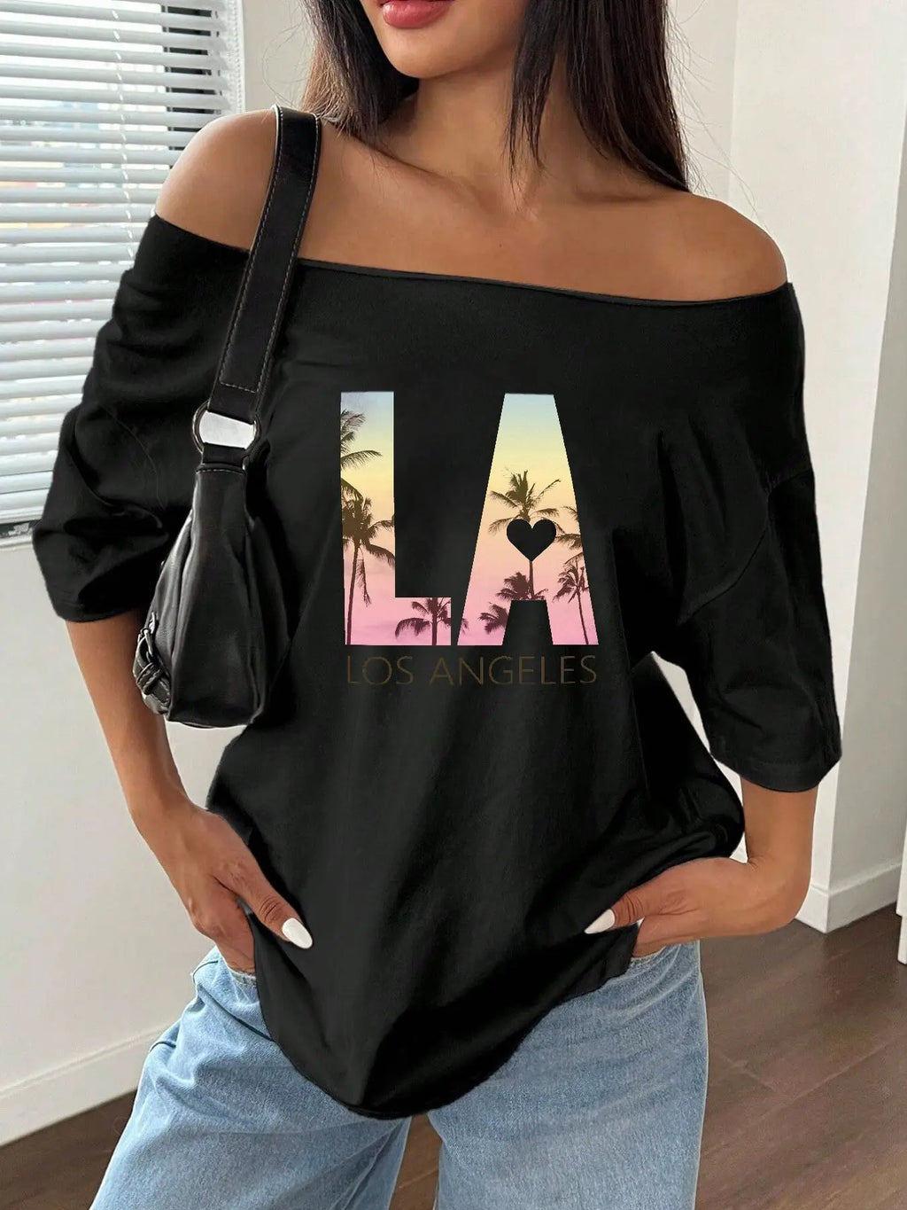 100% Cotton Plus Size Los Angeles Palm Tree Sunset Graphic Shoulder Loose Print T-Shirt Oversized Y2K Style Graphic Tees Wome