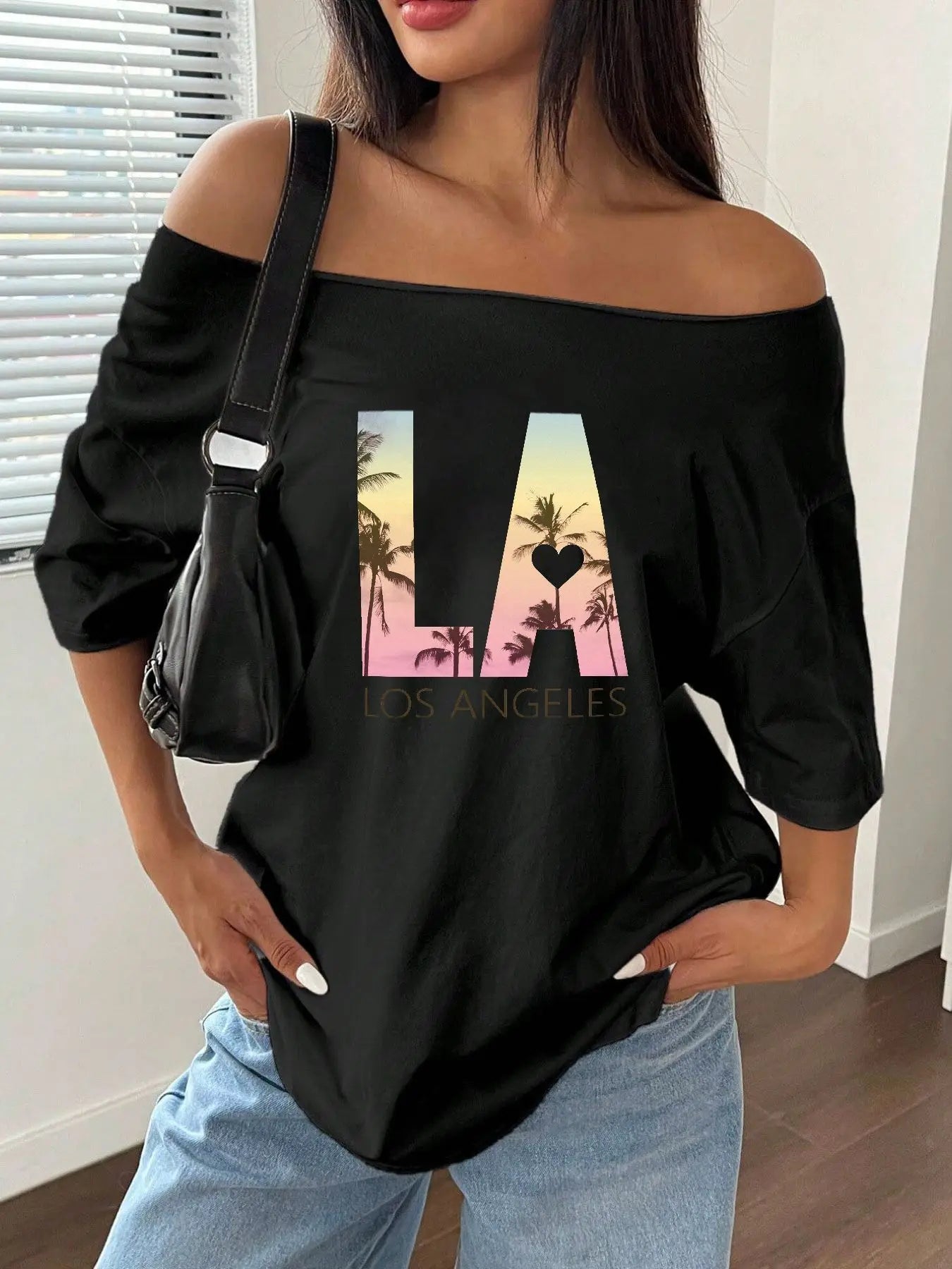 100% Cotton Plus Size Los Angeles Palm Tree Sunset Graphic Shoulder Loose Print T-Shirt Oversized Y2K Style Graphic Tees Wome