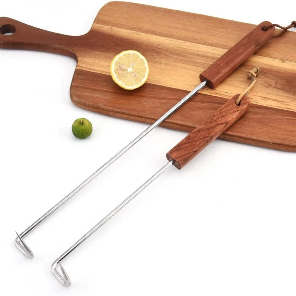 Outdoor Stainless Steel Meat Turner Hook BBQ with Wooden Handle Meat Hook Food Flipper Hook Cooking Grilling