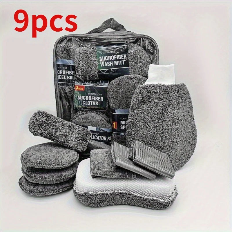 9pcs Ultimate Car Maintenance Kit: Premium Microfiber Towels, Car Wash Gloves, Detail Cloths, Waxing Sponges, and Wheel Brushes