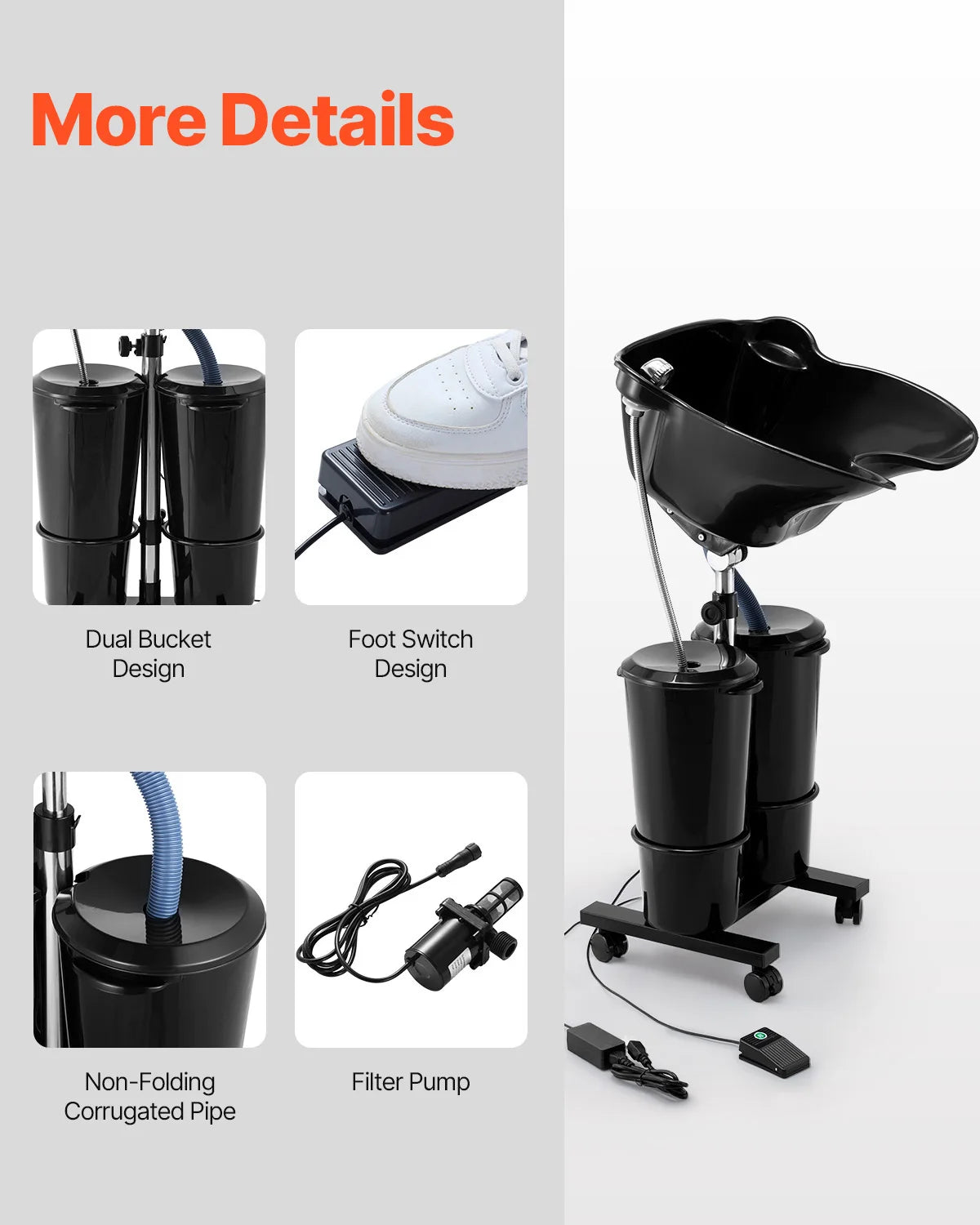 SucceBuy Portable Shampoo Bowl Shampoo Sink for Washing Hair with Electric Pump Height and Angle Adjustable for Home Salon Use