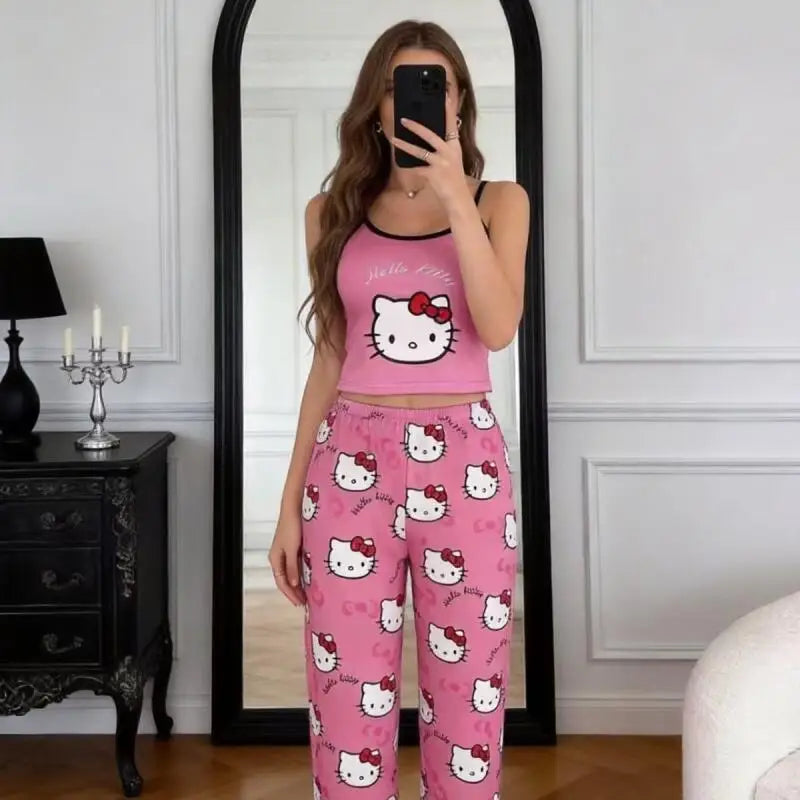 2026 Hot Style Hello Kitty Summer New Women's Black Suspender Pajama Set Comfortable Cartoon Two-Piece Home Clothes Casual Sexy