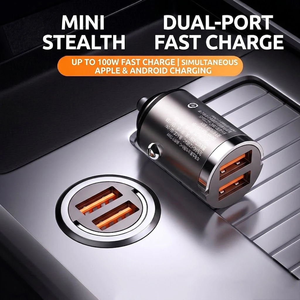 100W Dual Port Mini Car Charger Fast Charge Flush Fit USB C Auto Adapter Pull Ring Design For iPhone iPad Samsung Pixel