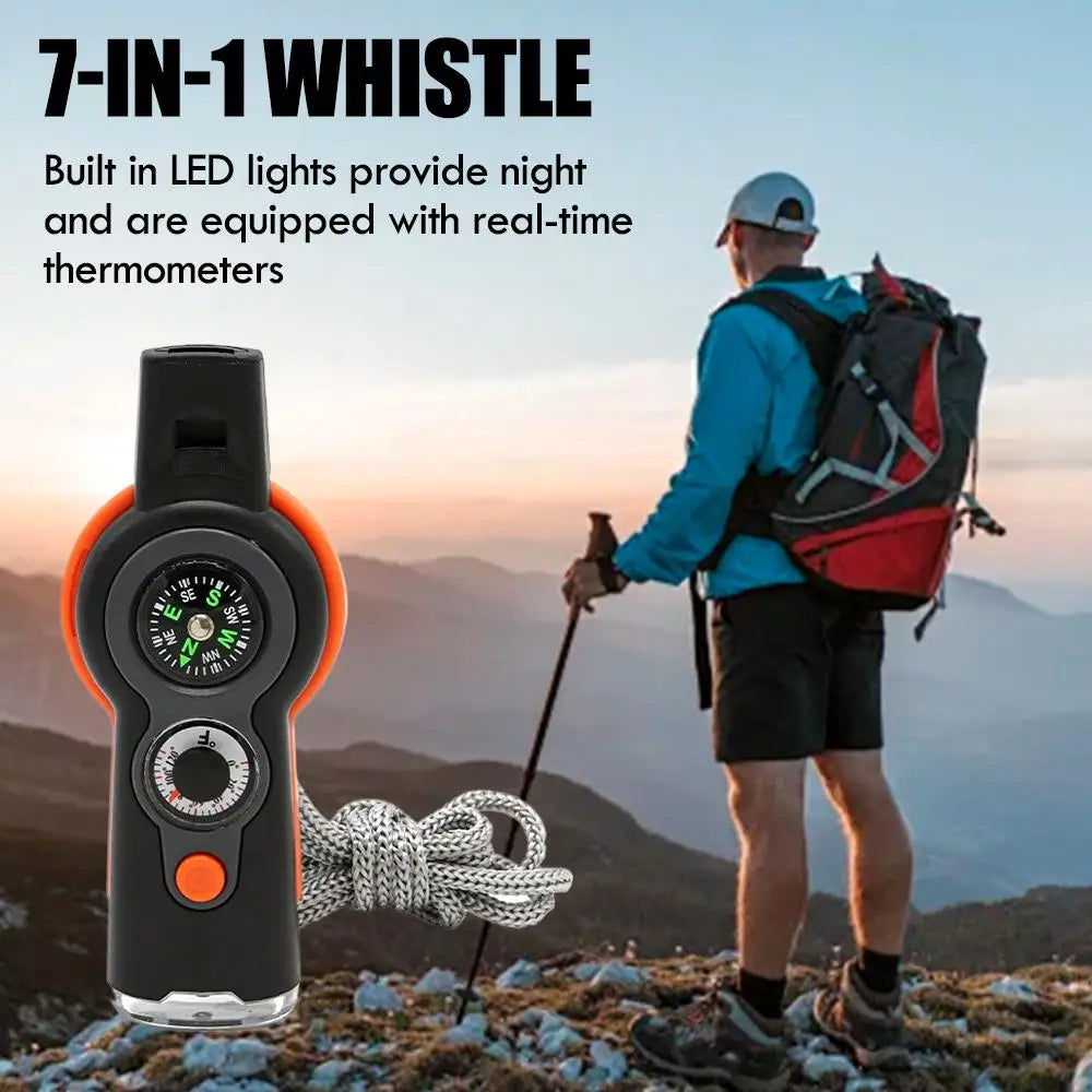 7 in 1 Emergency Survival Whistle Compass Thermometer Referee Cheerleading Whistle Sporting Goods Camping Hiking Outdoor Tools